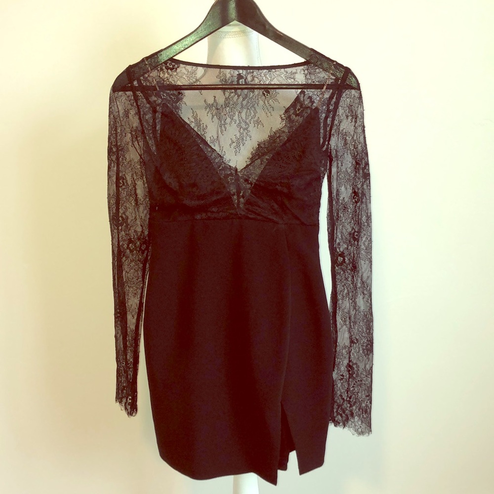 LBD with lace neckline and sleeves